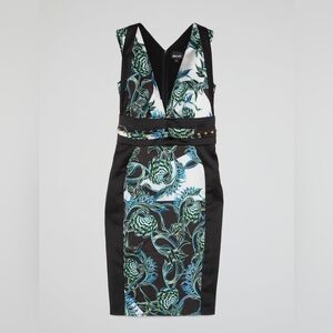 Just Cavalli Black, White & Teal Floral Sheath Dress
